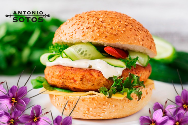 Saffron chicken burger with the works